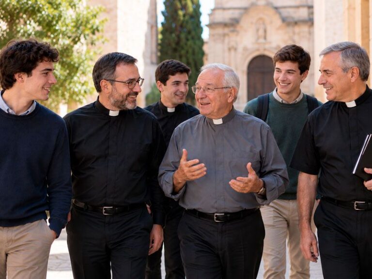 Sacerdotes y seminaristas conversando en el patio de un seminario